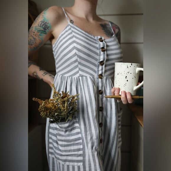 Style House Sage Green Striped Dress - Picture 1 of 7